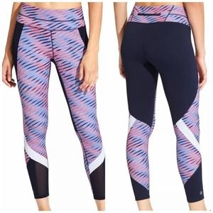 Athleta Electra Sonar 7/8 Tight Blue and Pink Mesh Calf Leggings, Small Tall